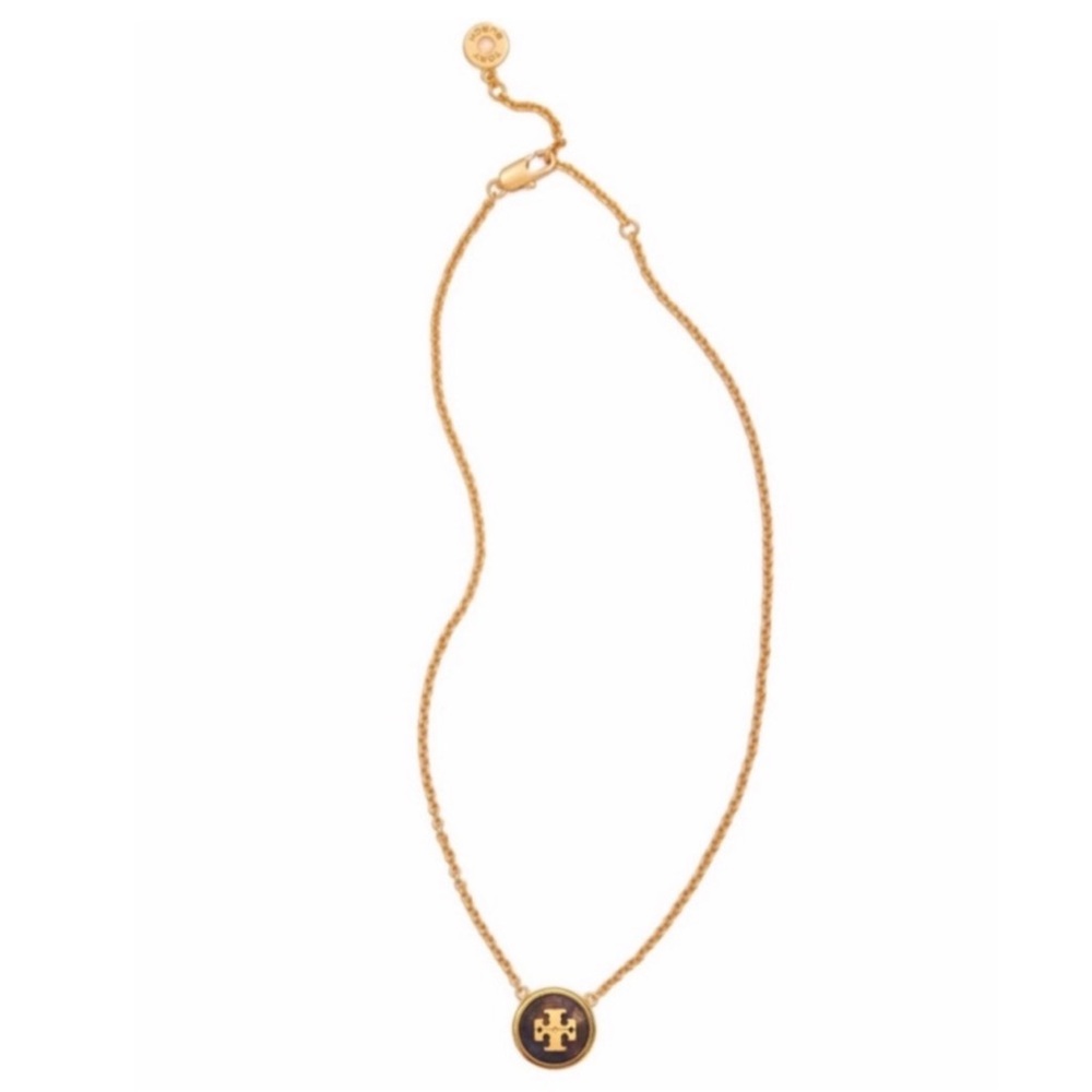 Final sale Tory Burch vintage gold purple semiprecious stone logo necklace - Picture 4 of 7